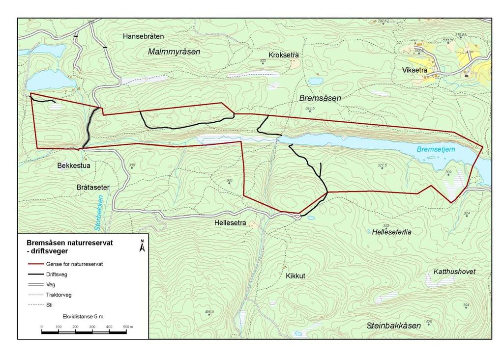 Fylkesmannen i Buskerud - Forvaltningsplan for Bremsåsen naturreservat 28 traktorvei som går gjennom reservatets nordvestre hjørne benyttes. Men tiltaket er likevel søknadspliktig.