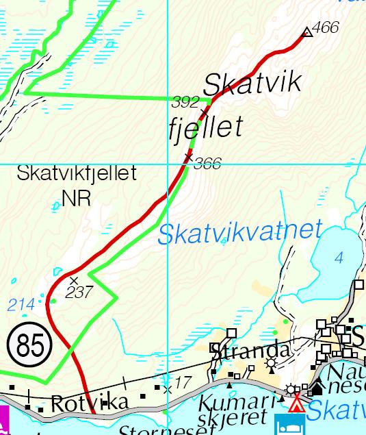 Over halvparten av turen går langs ryggen av fjellet. Her er det et par bratte oppstigninger, men fjellet er tørt og fint. Oppe på fjellet er det to varder med ca. 100 m mellom.