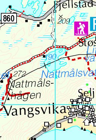 Ganske bratt, spesielt fra midtveis og oppover. Flater ut mot toppen. Nattmålshaugen: 40 poeng Fra gammelt av Vangsvikfolk sitt turmål både sommer og vinter. Ligger 312 moh.