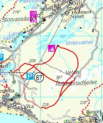 Gammelveten: 50 poeng 462 moh. Utsikten er stor per høydemeter. Toppen er som en tind, med mest stein og noe lyng. Turen starter fra gården til Tone og Ragnar Johnsen i Halvardslia, Vesterfjell.