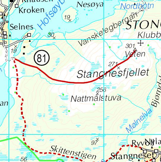 Stangnesfjellet/Hofsøyfjellet: 60 poeng 301 moh. Navnet på fjellet er avhengig av hvilken side en starter.