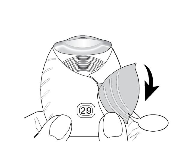Doseteller Denne viser hvor mange legemiddeldoser som er igjen i inhalatoren. Før inhalatoren tas i bruk, viser den nøyaktig 30 doser. Den teller ned med 1 hver gang du åpner beskyttelseslokket.
