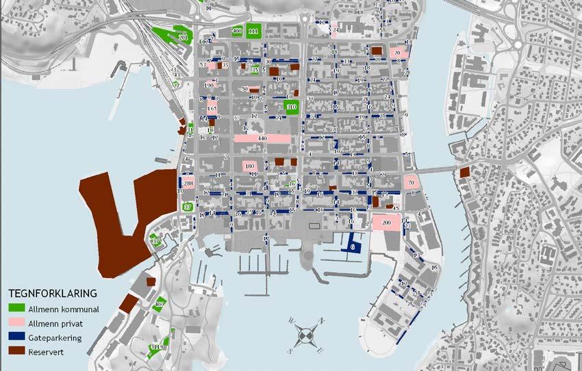 BYUTREDNING KRISTIANSANDSREGIONEN :: SITUASJONSBESKRIVELSE Figur 2-6: Kart som viser status for parkering i Kvadraturen pr. april 2016.