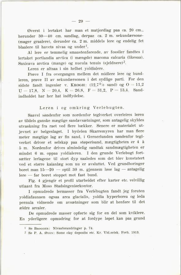 Øverst i lertaket har man et matjordlag paa ca. 20 cm., herunder 30 40 cm. sandlag, derpaa ca. 2 m. sekundærsone (mager graalere), derunder ca. 2 m. middels lere og endelig fet blaalere til havets nivåa og under 1.