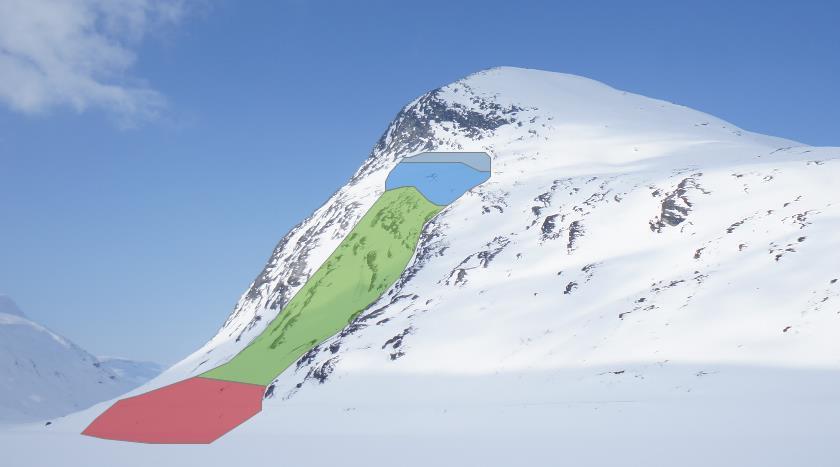 Figur 1.1 - Inndeling av glideskredområdet i Stavbrekka. Hele området betegnes som Stavbrekkfonna. Blått felt indikerer startsonen.