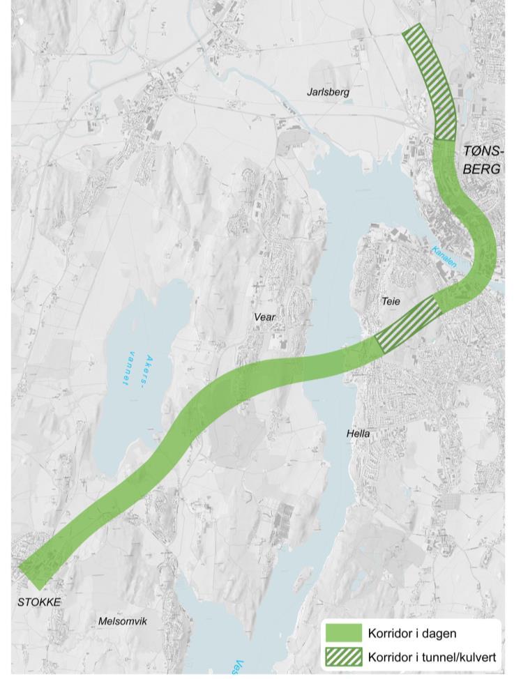 4.1 Nøtterøy-korridoren Korridoren starter ved dagens trasé ut fra Jarlsbergtunnelen og fortsetter til en ny stasjon i området ved dagens stasjonsplassering i Tønsberg.