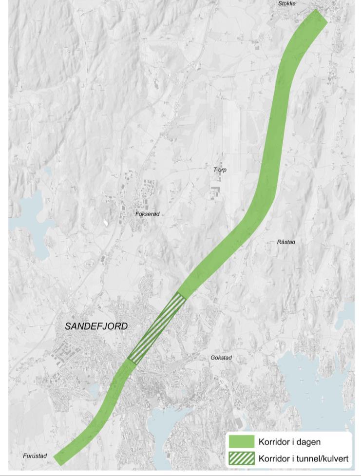 4.4 Unneberg-korridoren Korridoren starter i en ny delvis nedsenket stasjon i Stokke, øst for dagens jernbane og nord for Storgata.