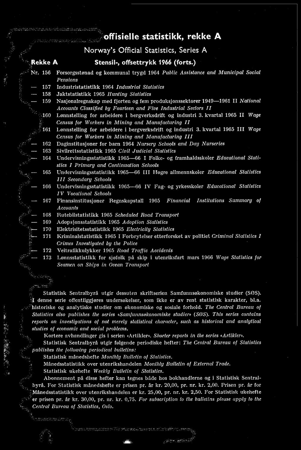 kvartal 965 III Wage Census for Workers in Mining and Manufacturing III 62 Daginstitusjoner for barn 964 Nursery Schools and Day Nurseries 63 Sivilrettsstatistikk 965 Civil Judicial Statistics -- 64