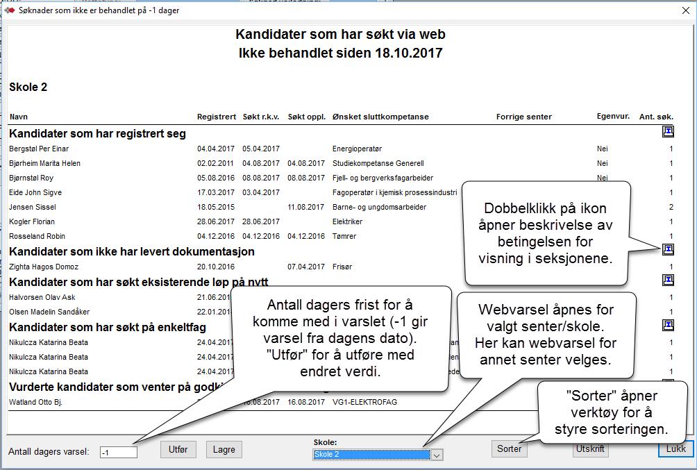 Det er varsel for følgende aktuelle stadier for oppfølging: Kandidater som har registrert seg Kandidater som ikke har levert dokumentasjon Kandidater som ikke har respondert Kandidater som har