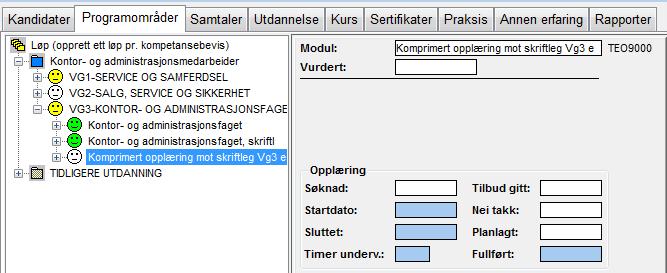 Søker har ofte fått et løp TIDLIGERE UTDANNING overført fra Vigo, dette løpet må det ikke gjøres endringer i. Registrering av programområder fra yrkesfag Velg aktuelle programområder.