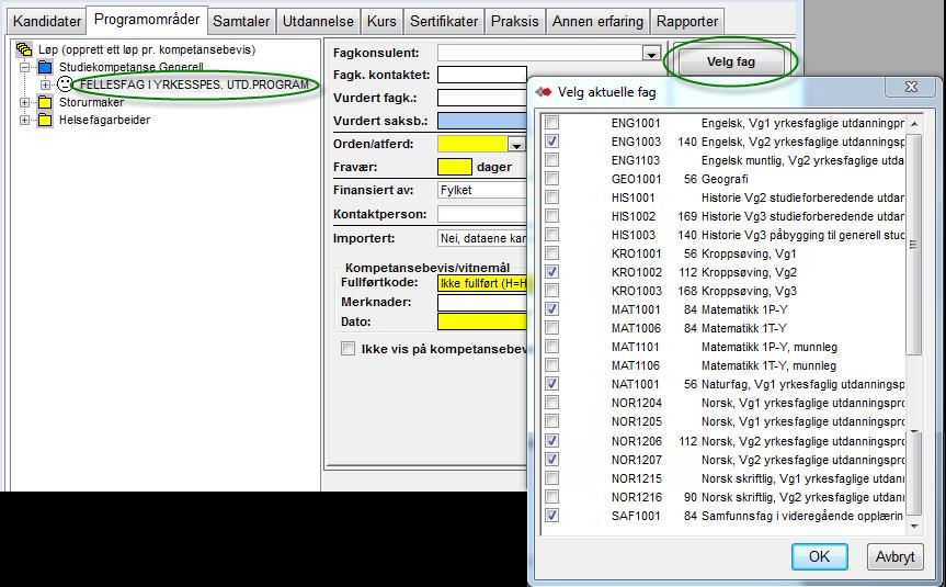 Her er det viktig å få med alle fellesfag som kreves på yrkesfag, også de som er fullført tidligere. Alle fag som er registrert vil stå med opplæringsbehov.