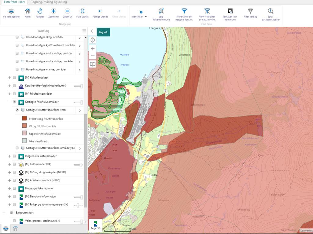 Figur 1: Viser verdsetting av kartlagde friluftsområde (naturbase.no). Onerheimselva/Helldalselva er markert som «Svært viktig friluftsområde».