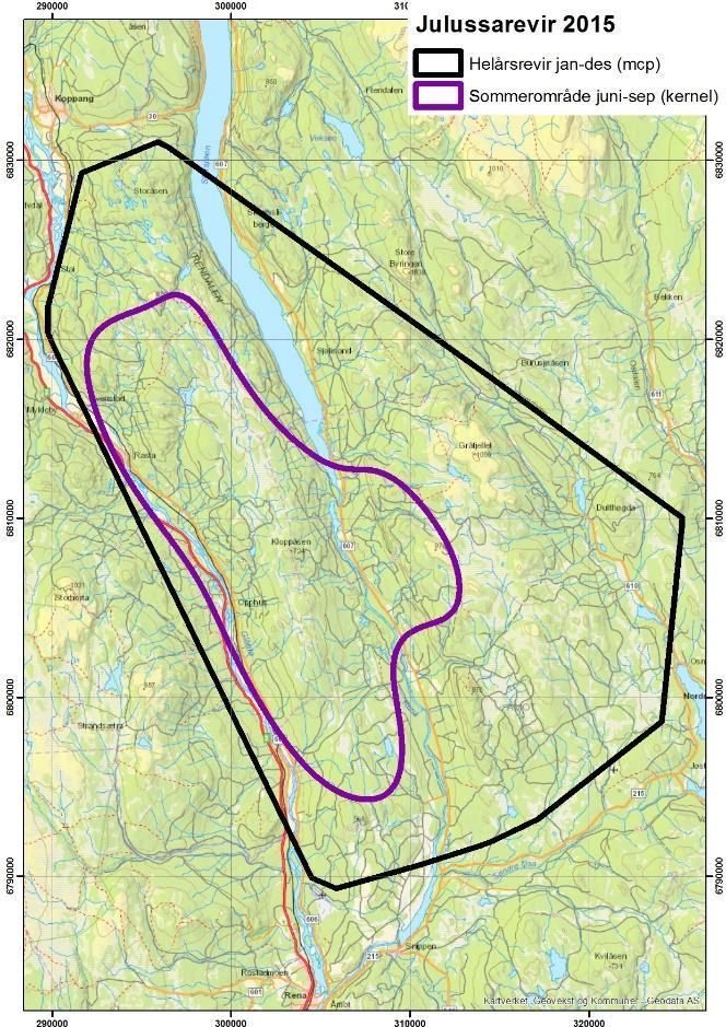 I løpet av mai 2014 fikk ledertispa fire nye valper, og flokken holdt seg hovedsakelig i et område på 245 km 2 (Fig. 1).
