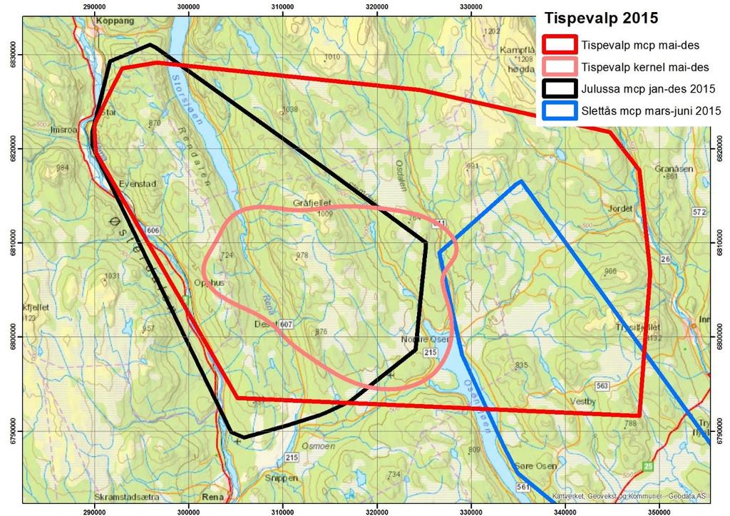 Figur 4: Områdebruk til den to-årige tispa 1407 etter 30. april 2015, da den for det meste gikk atskilt fra foreldreparet (Figur 3).