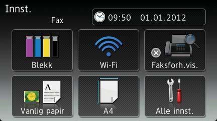 Generell informasjon Innstillinger-skjermen 1 Pekeskjermen viser maskinstatusen når du trykker. Du kan kontrollere og få tilgang til alle maskinens innstillinger fra følgende skjerm.