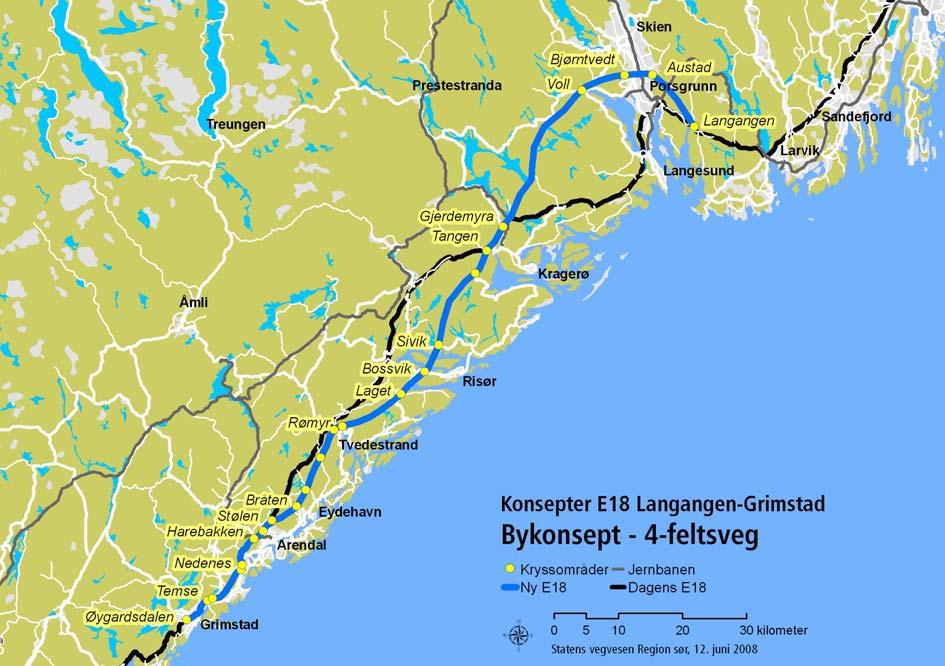 Konsept 6 - Ny firefelts veg med best mulig betjening av byene. Konsept 6, bykonseptet bygger på ideen om å bygge opp under E18s funksjon som lokalveg for områdene nær byene.