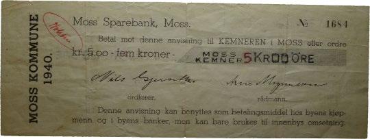 Sedler / banknotes 132 Moss Sparebank, Moss, 5 kroner (1940). No.1684. RRR.