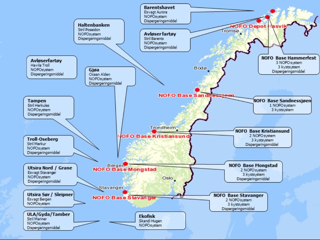 Figur 4-4 NOFOs utstyrsoversikt per april 2017 Tabell 4-10 Avstander i nautiske mil fra oljevernressurser til Oljevernressurser Avstander fra (NM) Esvagt Aurora (Goliat) 73 Stril Poseidon