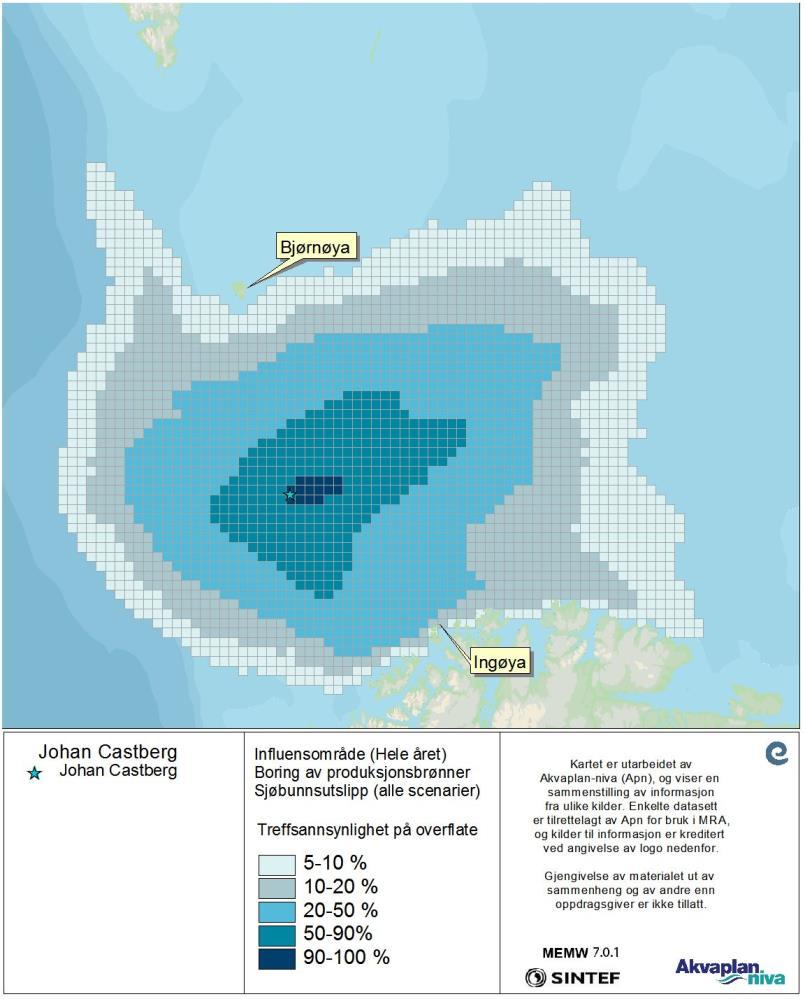 Figur 4-7 Treffsannsynlighet av mer enn 1 tonn olje på overflaten i en 10x10 km rute beregnet fra alle simuleringene av en sjøbunnsutblåsning under boringen av produksjonsbrønner på feltet [1].