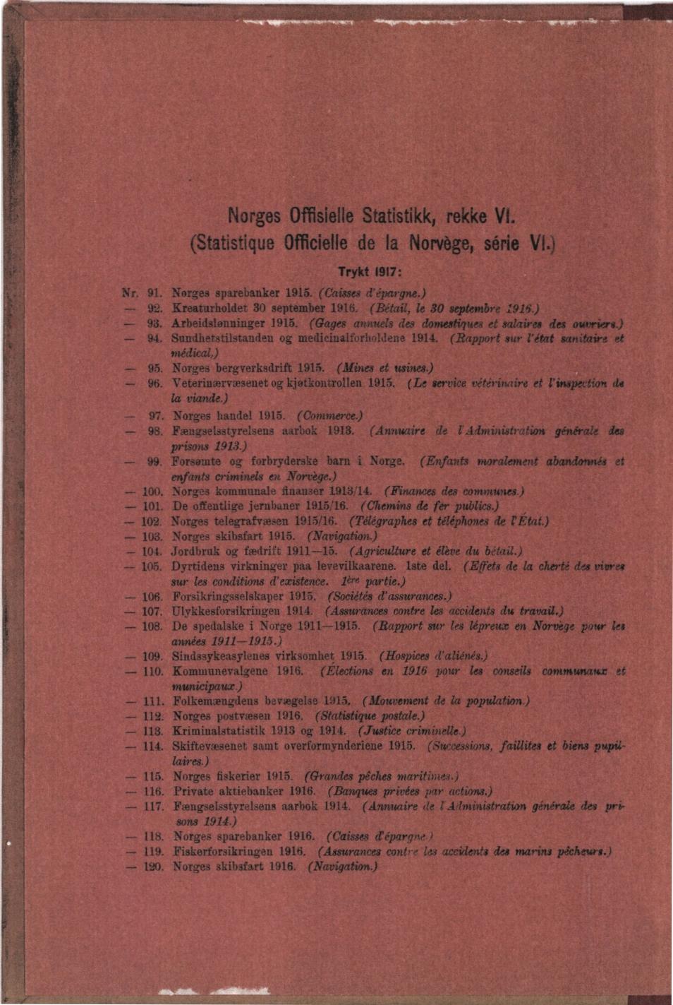 Norges Offisielle Statistikk, rekke VI. (Statistique Officielle de la Norvège, série Trykt 1917: Nr. 91. Norges sparebanker 1915. (Caisses d'épargne.) 9. Kreaturholdet 30 september 1916.