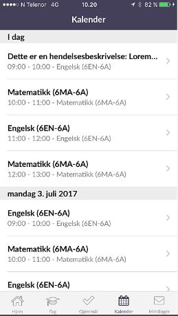 hendelser for fag i appen for elever.