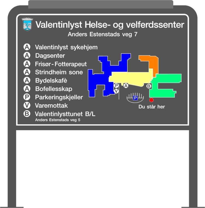 Bilde 5 Anvisningsskilt Enhetens navn skrives med store bokstaver. Øvrig tekst med stor forbokstav og små bokstaver ellers. Skrift type rial. Teksten skal plasseres til venstre for illustrasjonen.