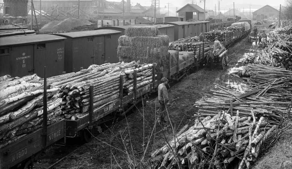 Litra N - Stakevogner En lang rekke smalsporede stakevogner på Hamar stasjon under 1. verdenskrig. Nærmest en vogn med smidde staker; deretter en med trestaker.