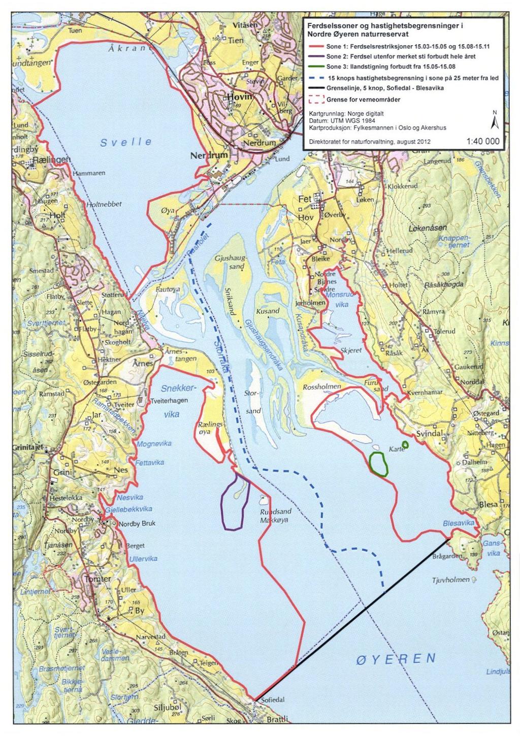 g- Indtangen' Tuen Åkran Enger St tt Ferdselssoner og hastighetsbegrensninger i Nordre Øyeren naturreservat. Sone. Ferdselerestriksioner 15.03-15.05 og 15.08-15.11 $0o 2.