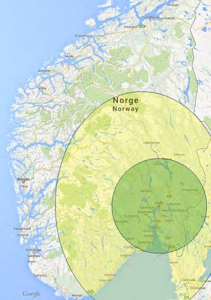 33 av 72 Figur 6: Kart som viser hvilken avstand fra Oslo som må til før det er aktuelt med transportstøtte gitt forskjeller i nærhet og responstid.