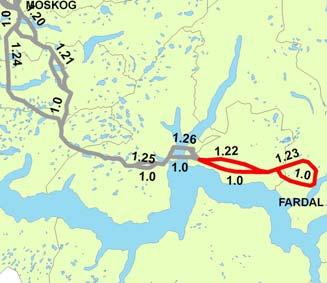 Konsekvensutredning for ny 420 kv kraftlinje mellom Moskog og Fardal 35 B) Trasealternativ 1.0 1.26 1.0 Trasealternativ 1.0 1.26 1.0 krysser Fjærlandsfjorden litt lengre inn i fjordmunningen og nord for alternativ 1.