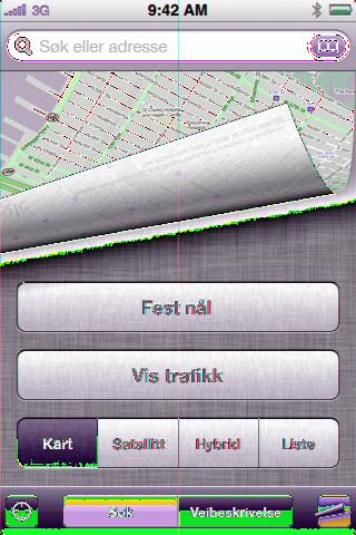 Vis hvilken himmelretning du står vendt mot (kun på iphone 3GS): Trykk på igjen. (Symbolet endres til.) Kart bruker det innebygde kompasset for å fastslå hvilken himmelretning du står vendt mot.