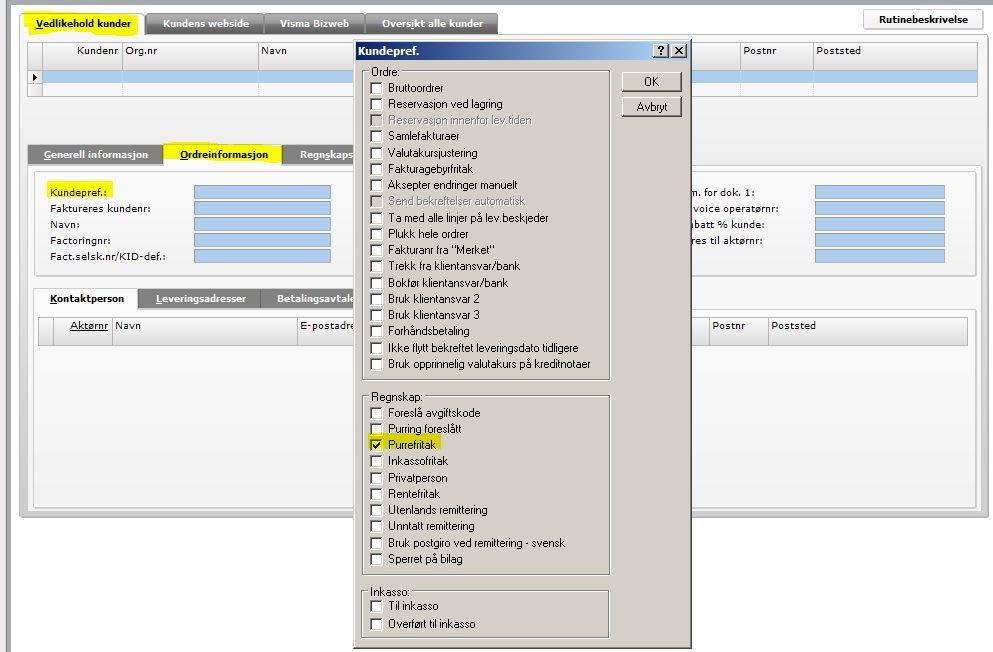 Ryddig reskontro 2 Sette Purrefritak eller Inkassofritak på kundenivå Purre/inkassofritak settes på kundekortet.