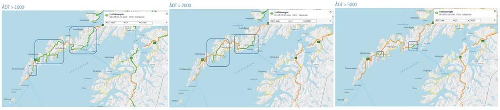 Lofoten brann- og redningsvesen 3 Systembeskrivelse Trafikkmengden langs E10 er fordelt med følgende ÅDT: Figur 12: ÅDT 1000, 2000 og 5000 3 Biltrafikken er dominerende i turisttransporten, der