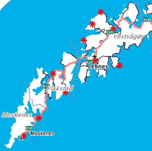 Lofoten brann- og redningsvesen 3 Systembeskrivelse Figur 17. Oversikt over populære turiststeder i Vest-Lofoten (SVV, 2015).