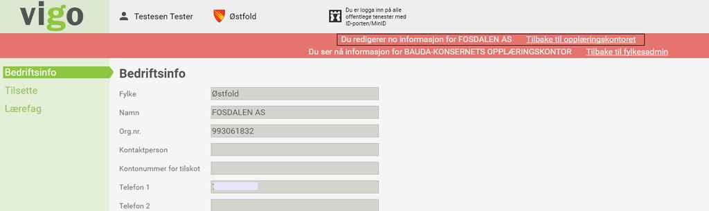 Om du fra et opplæringskontor igjen går inn på en valgt medlemsbedrift, vil skjermbildet kunne se slik ut: De røde linjene øverst viser da hvilken medlemsbedrift du står på og gir deg mulighet for å