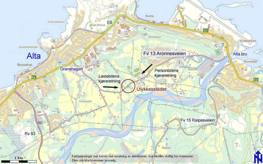 Statens Havarikommisjon for Transport Side 5 1. FAKTISKE OPPLYSNINGER Figur 1: Ulykkesstedet på Fv 13 i Alta kommune i Finnmark (kartgrunnlag: GIS/LINE WebInnsyn) 1.1 Hendelsesforløp Ca. kl.