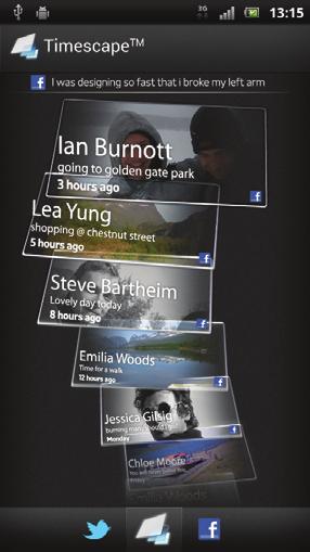 Timescape Timescape samler all kommunikasjonen din i én felles visning. Hendelser som Facebook - eller Twitter -oppdageringer vises som fliser i kronologisk rekkefølge på skjermen.
