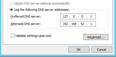 Kontrollere nettverkskonfigurasjon på tjenermaskinen og legg inn adresse til DNS-tjener slik: Gå til Settings Network and Internet Ethernet og klikk lenken Network and Sharing Center.