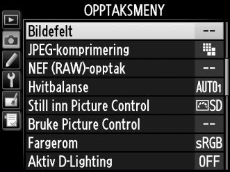 Bildefeltet kan stilles med alternativet Bildefelt på opptaksmenyen eller ved å trykke på en kontroll og dreie på et kommandohjul.