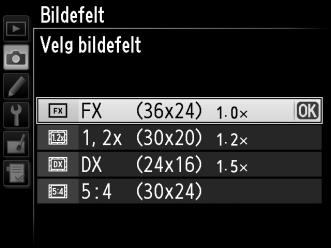 G-knapp d 2 Velg et alternativ. Marker Auto DX-beskjæring eller Velg bildefelt og trykk på 2. 3 Juster innstillingene. Velg et alternativ og trykk på J.