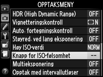 A ISO-følsomhetsmenyen ISO-følsomheten kan også justeres med alternativet ISO-følsomhet i opptaksmenyen (0 268). S Legg merke til at ISO-følsomheten ikke kan justeres i opptaksmenyen i film live view.