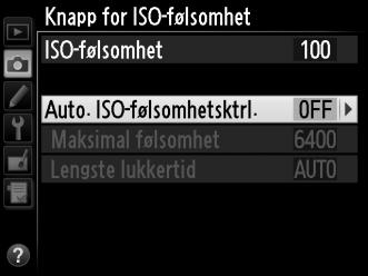 Automatisk ISOfølsomhetskontroll Hvis På er valgt for Knapp for ISO-følsomhet > Auto. ISOfølsomhetsktrl.