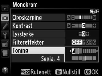 A Toning (bare Monokrom) Hvis du trykker på 3 når Toning er valgt, vises alternativene for metning. Trykk på 4 eller 2 for å justere metningen.