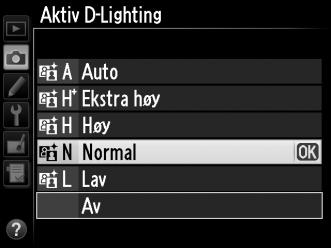 Hvis Y Auto velges, vil kameraet automatisk justere Aktiv D-Lighting i henhold til J-knapp opptaksforholdene (med eksponeringskontroll h er imidlertid Y Auto det samme som Q Normal).