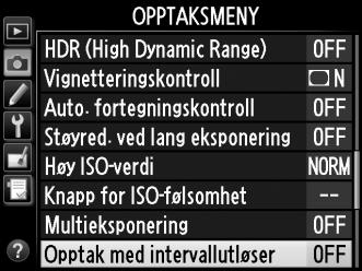 Fotografering med intervallutløser Kameraet kan ta bilder automatisk med forhåndsinnstilte intervaller. 1 Velg Opptak med intervallutløser i opptaksmenyen. Trykk på G-knappen for å vise menyene.