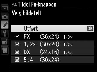 Fn-knappwn + kommandohjul Når du velger Fn-knappen + kommandohjul vises de følgende alternativene: Alternativ i Velg bildefelt $ v w y Lukkertids- og blenderlås 1 trinn lukkert.