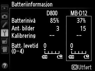 A Batteripakken MB-D12 Visningen for MB-D12 vises til høyre. For EN-EL18-batterier vil skjermen vise om det er nødvendig med kalibrering.