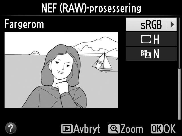 3 Juster innstillingene for NEF (RAW)-prosessering. Juster innstillingen som er listet opp nedenfor.