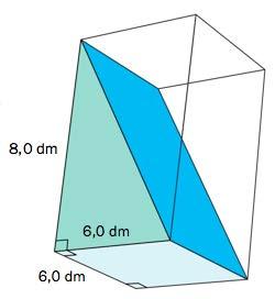 Oppgave 17 (2 poeng) Nettkode: E 4BIY Et rett, trekantet prisme har en grunnflate med form som et kvadrat med side 6,0 dm. Høyden er 8,0 dm. Se fargelagt skisse.