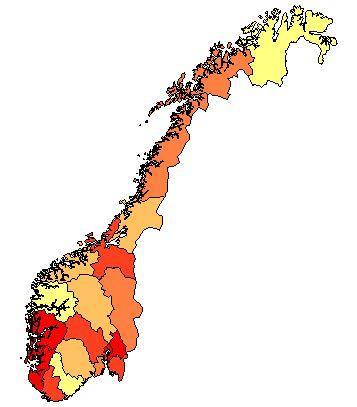 Figur 2.3: Fylkesfordeling av kjørte drosjekilometer i 2016 Oslo, Hordaland, Akershus, og Rogaland står for 55 prosent av drosjenæringens samlede trafikkarbeid.